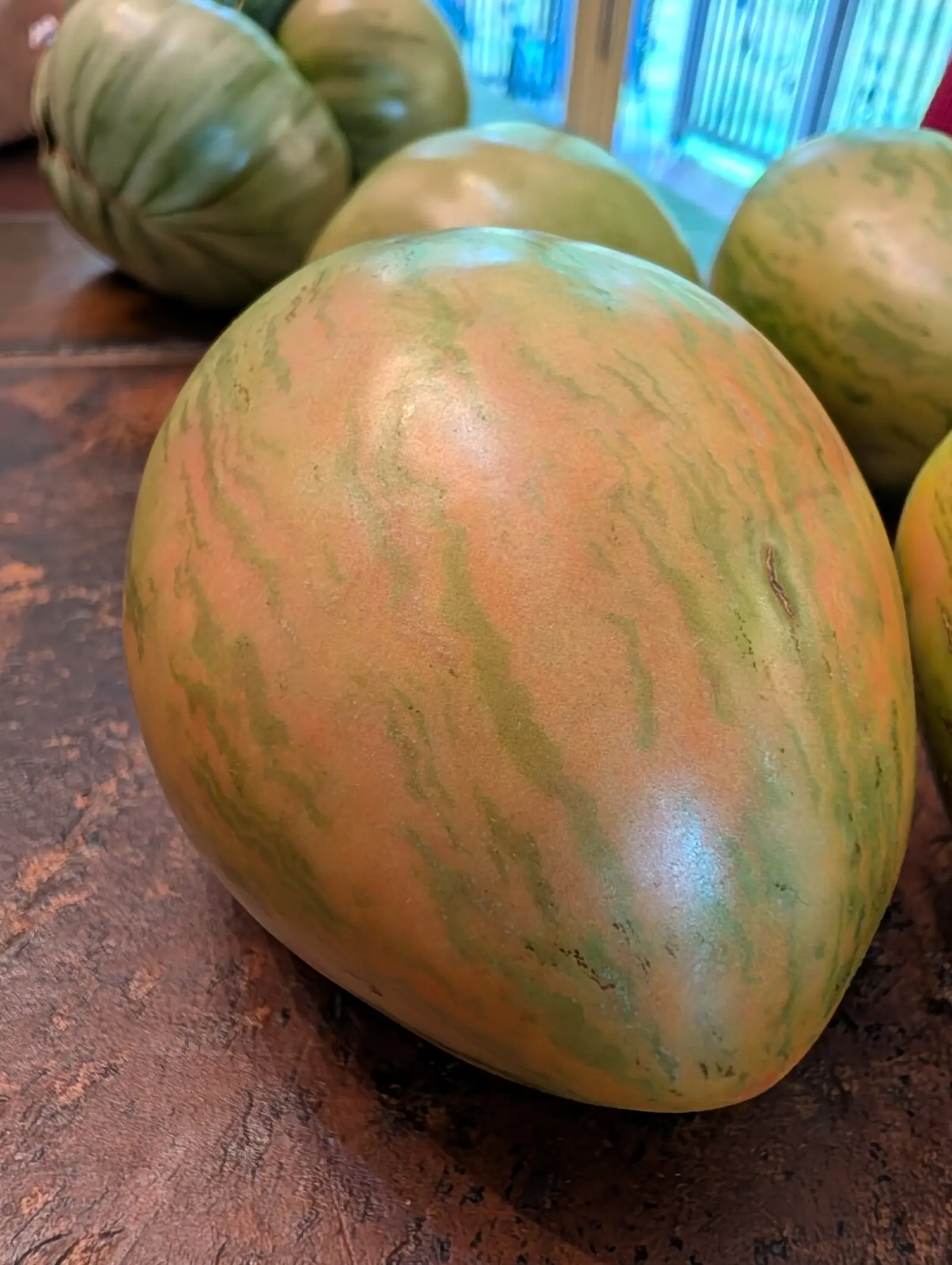 A large tomato close on a dark wooden table, its shoulders streaked green over pink, with more of the same fruit behind it.