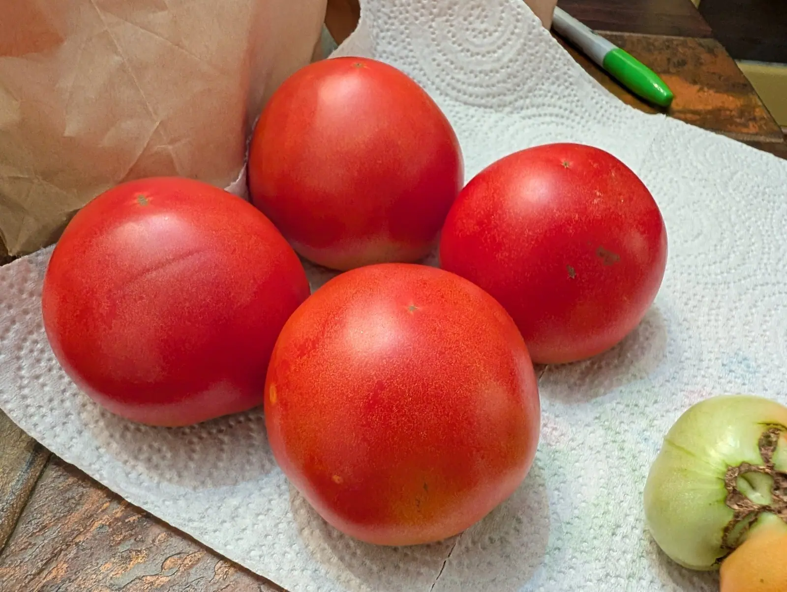 Four ripe red tomatoes on a white paper towel on a kitchen worktop, one shoulder still tinged green, with a paper bag, a green marker pen and a pale green-and-cream fruit with a corky brown scar beside them.