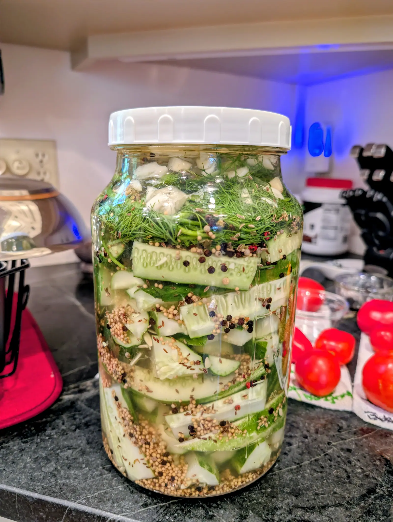 A tall glass jar with a white lid on a dark kitchen worktop, packed with cucumber spears, dill fronds, garlic and mixed peppercorns in cloudy brine, punnets of red tomatoes behind.