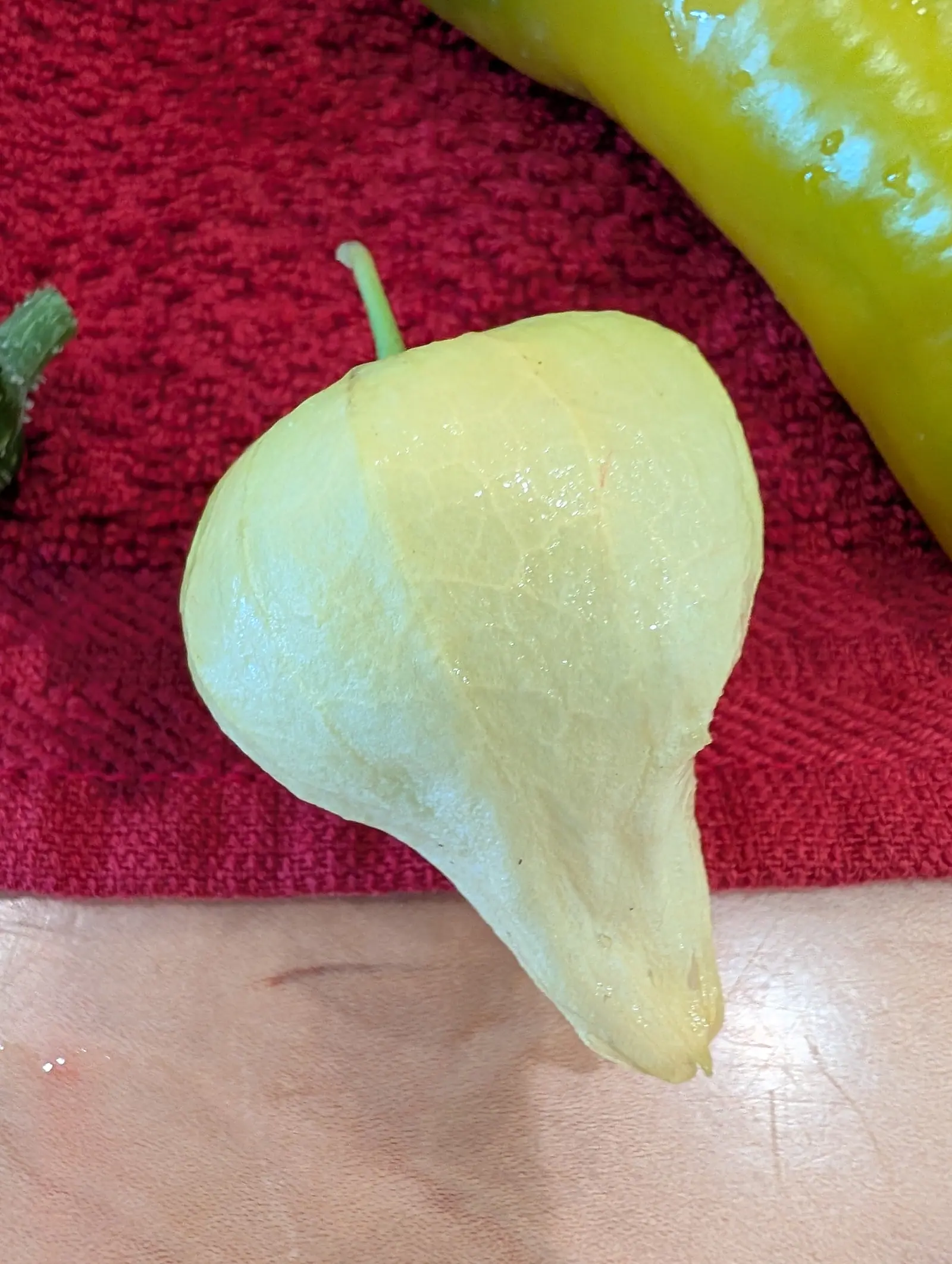 A tomatillo still wrapped in its papery cream husk, veined and drawn to a point at the tip, lying on a red cloth beside a long yellow pepper on pale wood.