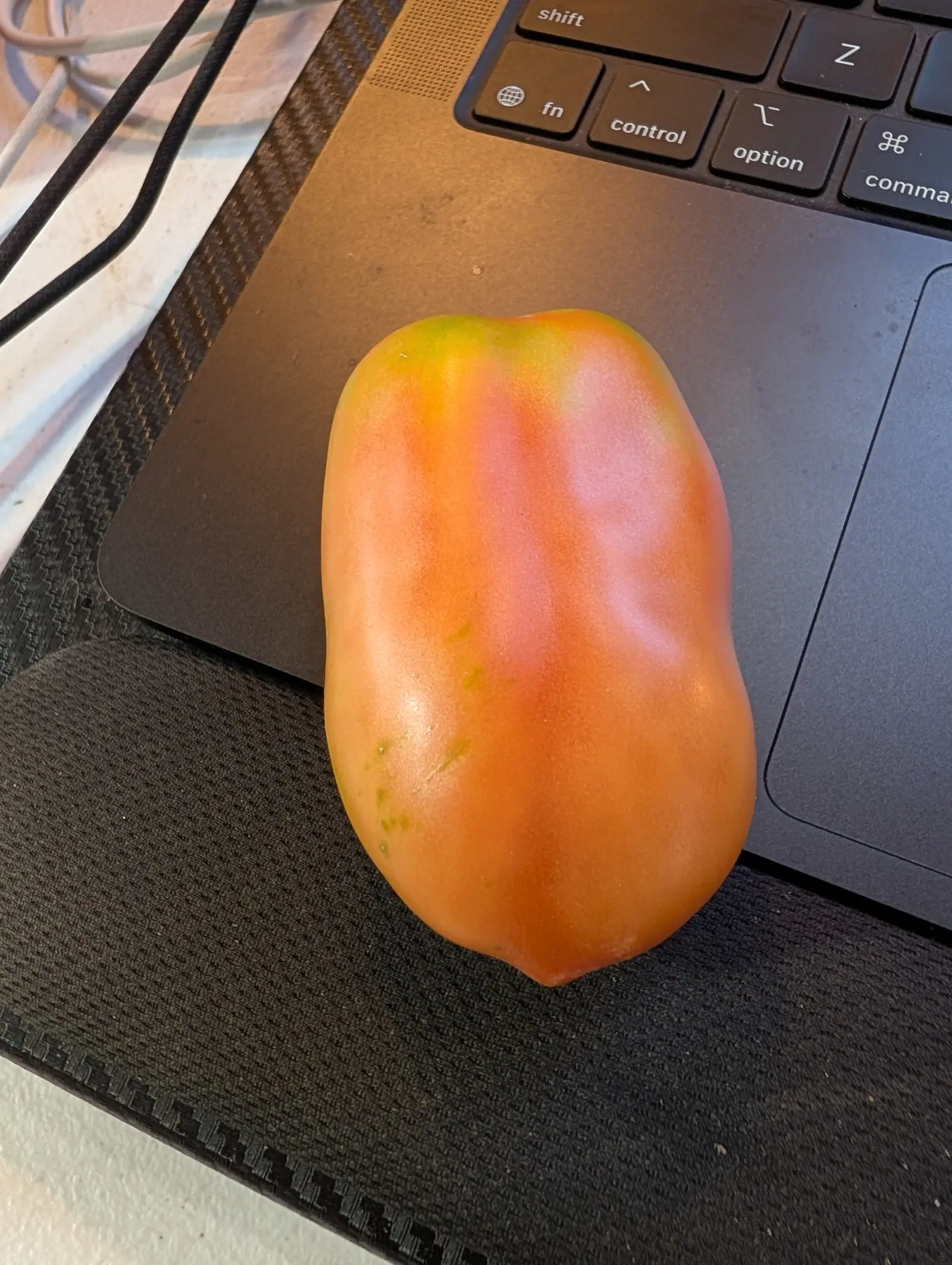 An elongated orange-pink tomato with a faint green shoulder resting on the palm rest of an open laptop, on a dark desk mat with cables behind.